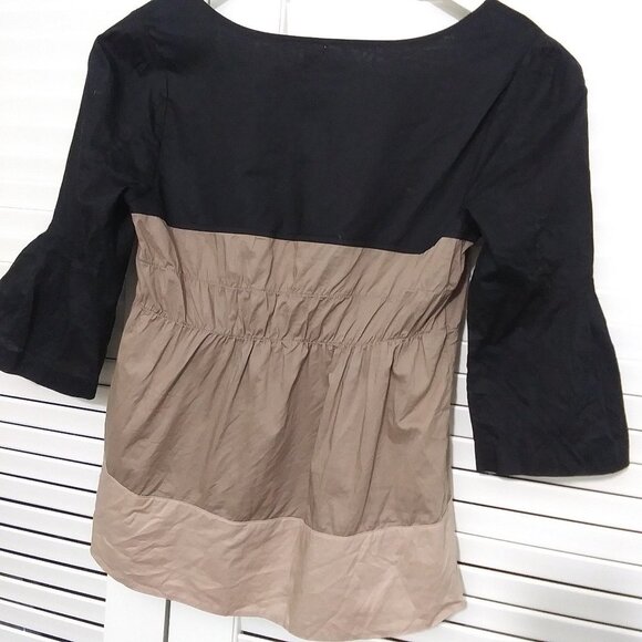 Elle Top Black Tan 100% Cotton Flutter Sleeve Color blocked Blouse Womens X Sm - Picture 6 of 7